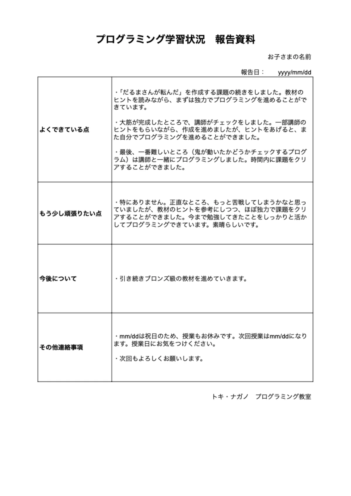 学習状況報告資料のサンプル。よくできている点・もう少し頑張りたい点・今後について・その他連絡事項の4項目について、講師が文章で記入している。